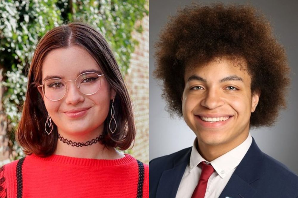 Two side-by-side portrait photographs. The left portrait shows a young woman with shoulder-length dark hair, round glasses, drop earrings, and a red top, photographed outdoors with greenery in the background. The right portrait shows a young man with curly hair wearing a suit jacket, white shirt, and red tie, smiling against a studio backdrop